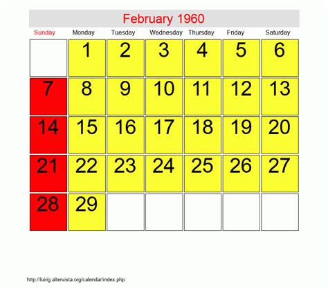 Calendar For February 1960